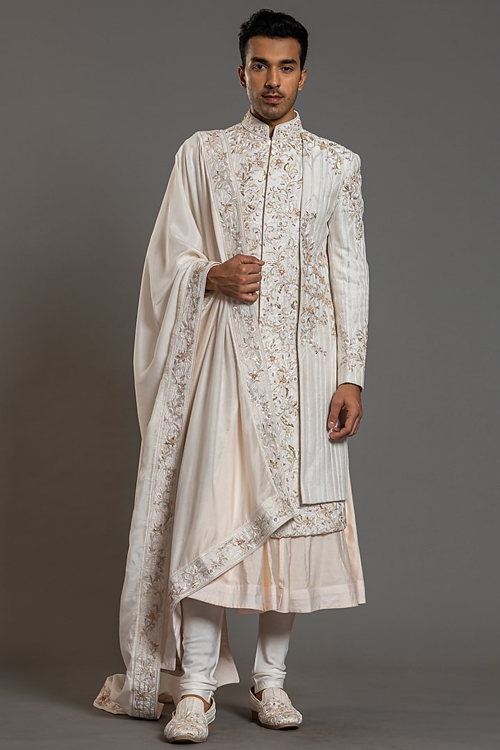 Dusty Ivory Blended Raw Silk Embroidered Groom Sherwani Set by PURUSHAM at Pernia's Pop Up Shop