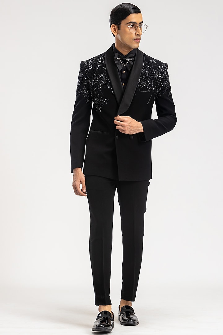 Coral Black Polyester Embroidered Suit Set by PURUSHAM at Pernia's Pop Up Shop