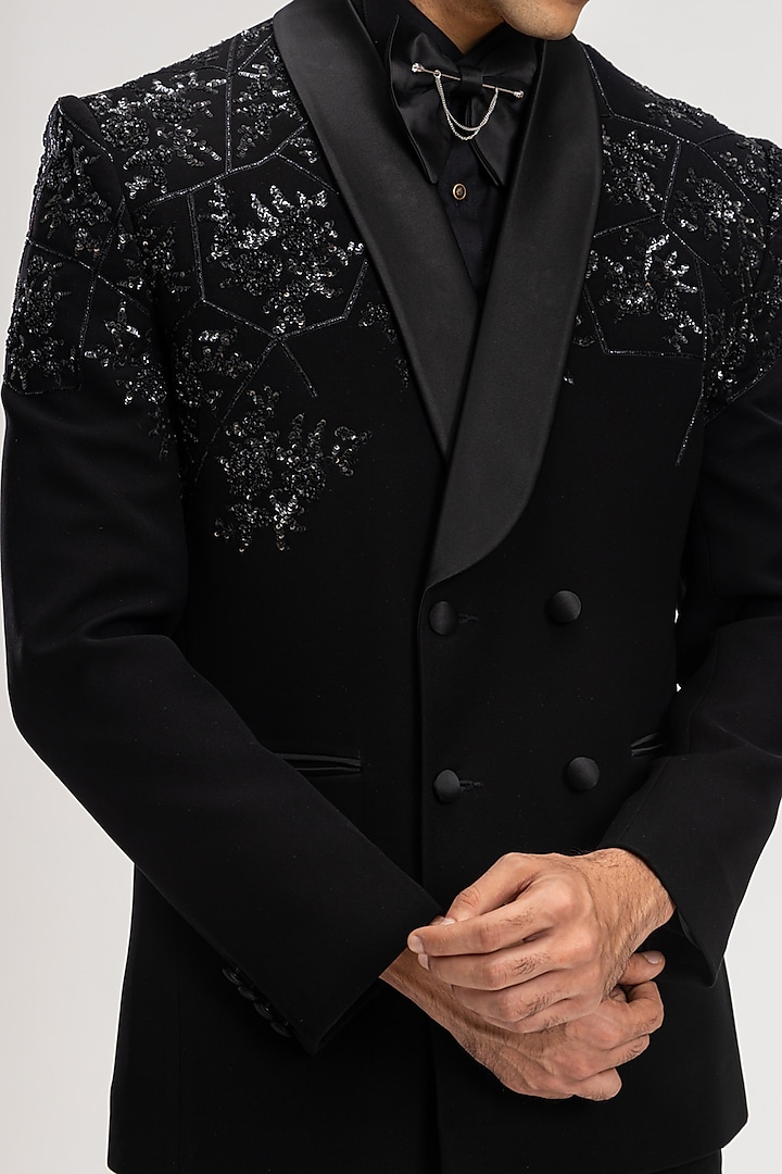 Coral Black Polyester Embroidered Suit Set by PURUSHAM at Pernia's Pop Up Shop