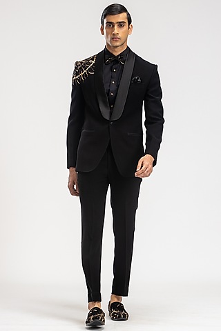 Black Polyester Embroidered Tuxedo Set by PURUSHAM