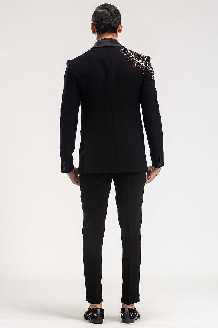 Black Polyester Embroidered Tuxedo Set by PURUSHAM at Pernia's Pop Up Shop