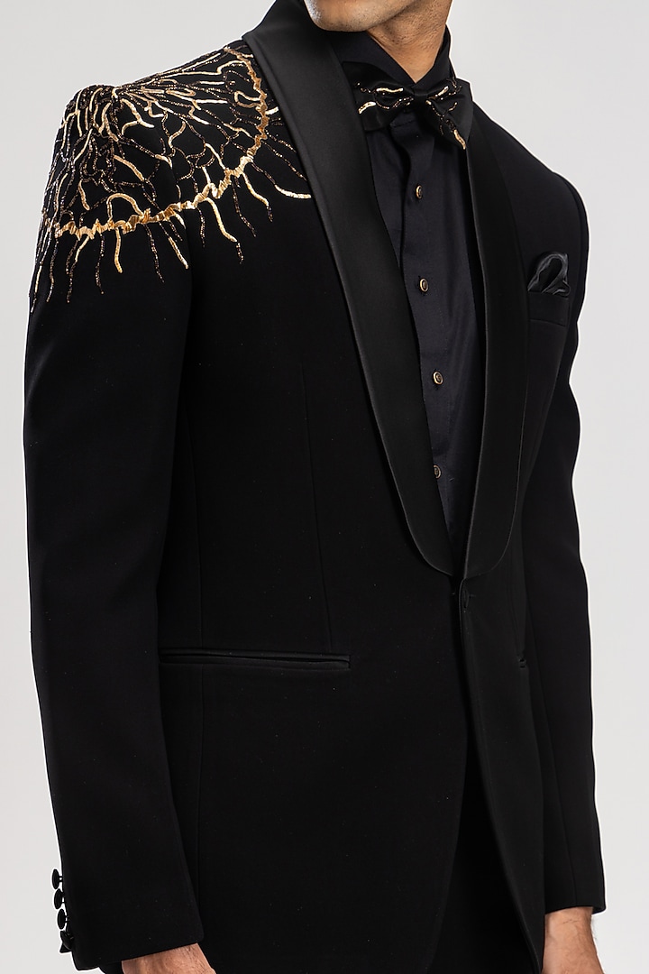 Black Polyester Embroidered Tuxedo Set by PURUSHAM at Pernia's Pop Up Shop