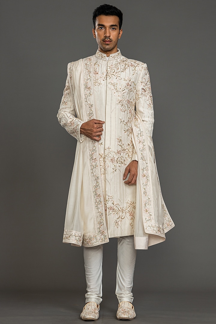 Dusty Ivory Blended Raw Silk Embroidered Sherwani Set by PURUSHAM