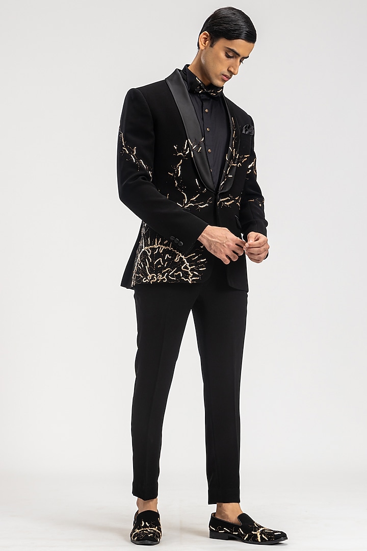 Black Polyester Embroidered Tuxedo Set by PURUSHAM
