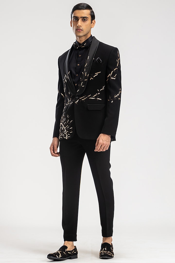 Black Polyester Embroidered Tuxedo Set by PURUSHAM at Pernia's Pop Up Shop