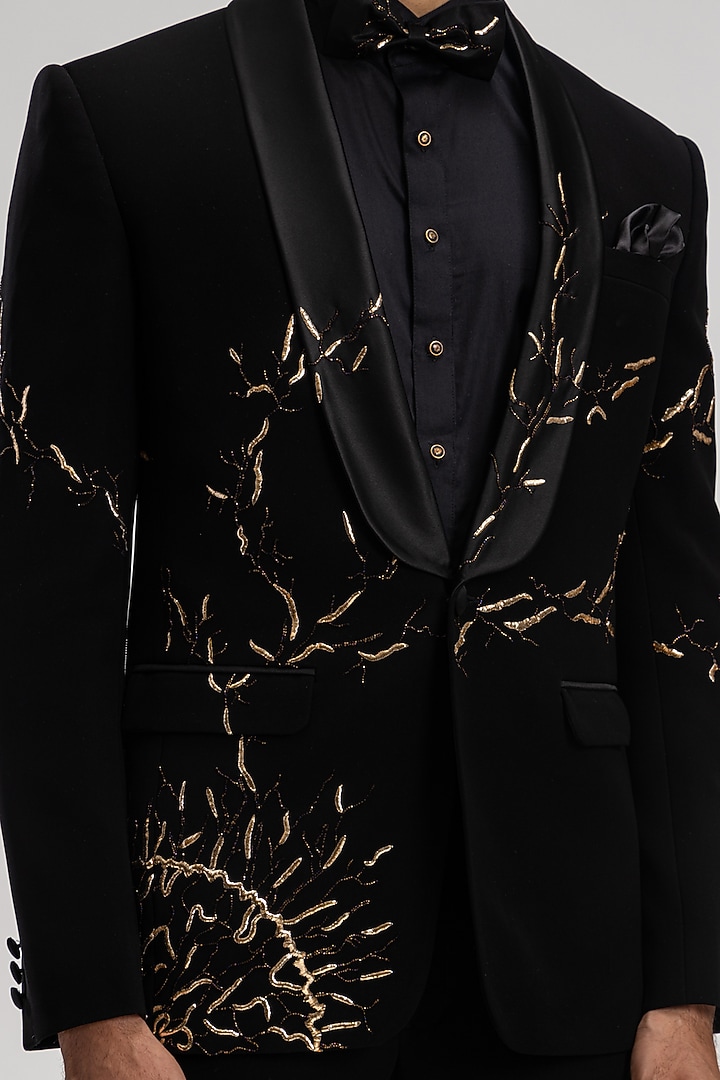 Black Polyester Embroidered Tuxedo Set by PURUSHAM at Pernia's Pop Up Shop