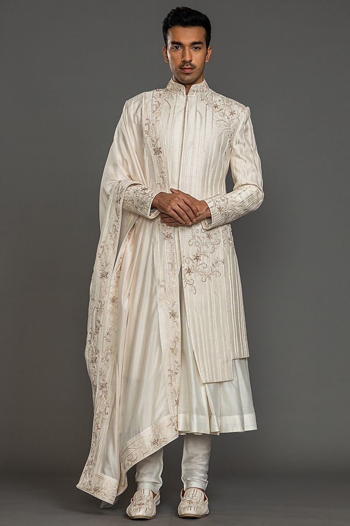Dusty Ivory Blended Raw Silk Embroidered Sherwani Set by PURUSHAM