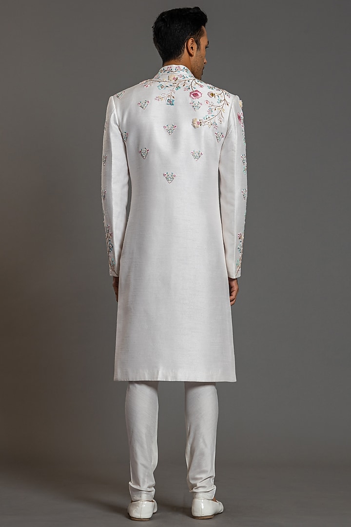 Ivory Blended Raw Silk Embroidered Groom Sherwani Set by PURUSHAM at Pernia's Pop Up Shop