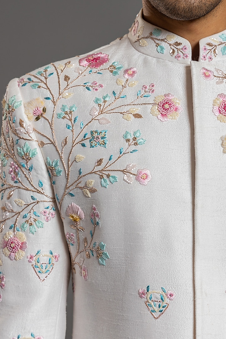 Ivory Blended Raw Silk Embroidered Groom Sherwani Set by PURUSHAM at Pernia's Pop Up Shop