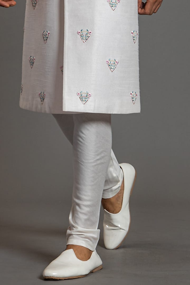 Ivory Blended Raw Silk Embroidered Groom Sherwani Set by PURUSHAM at Pernia's Pop Up Shop