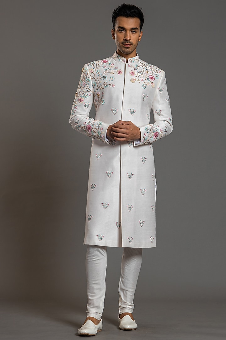 Ivory Blended Raw Silk Embroidered Groom Sherwani Set by PURUSHAM at Pernia's Pop Up Shop