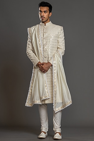 Ivory Blended Raw Silk Embroidered Sherwani Set by PURUSHAM