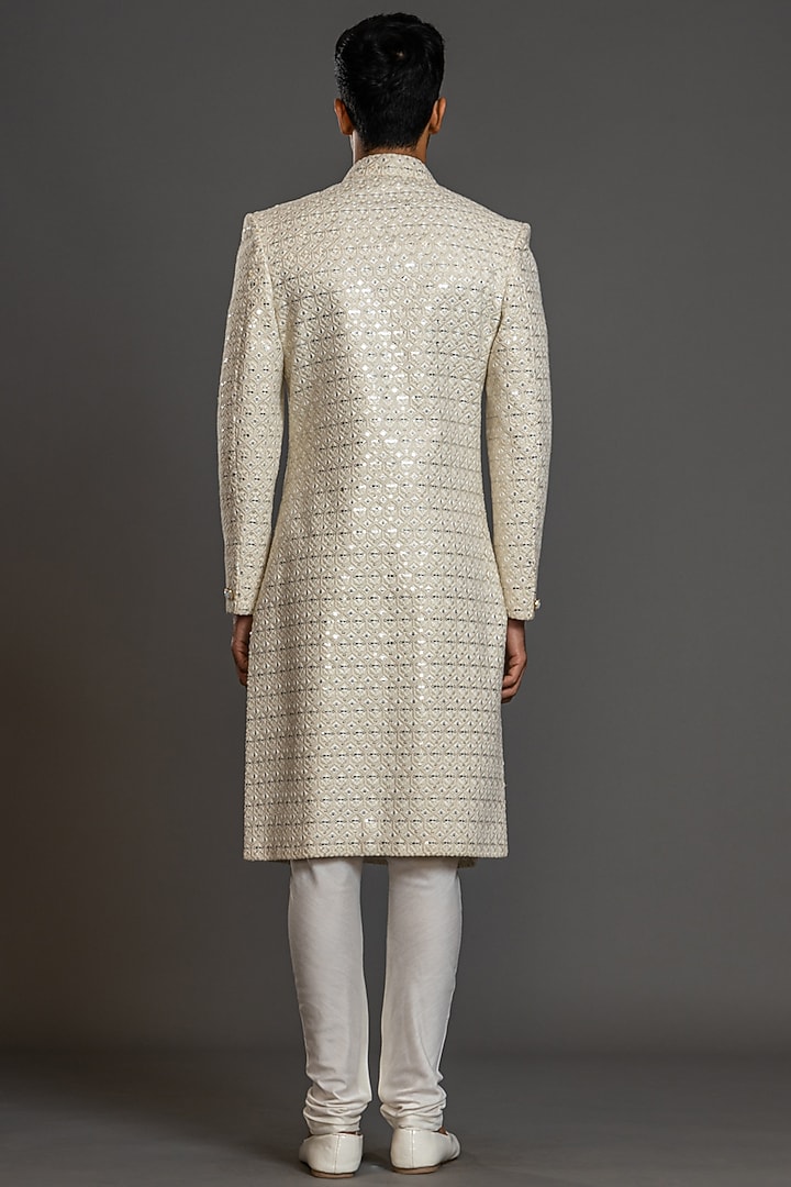 Ivory Blended Raw Silk Embroidered Wedding Sherwani Set by PURUSHAM at Pernia's Pop Up Shop