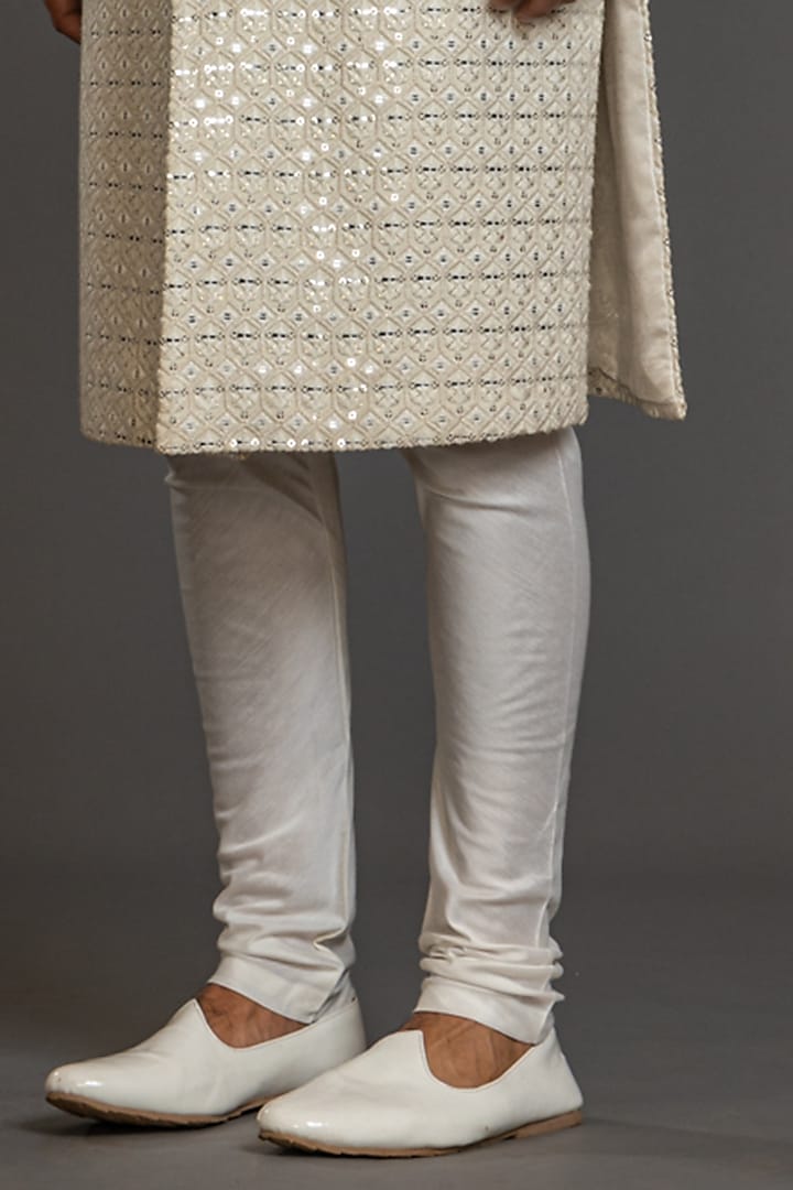 Ivory Blended Raw Silk Embroidered Wedding Sherwani Set by PURUSHAM at Pernia's Pop Up Shop