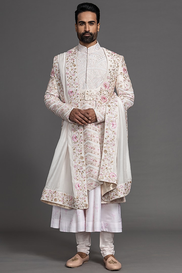 Nude Pink Blended Raw Silk Embroidered Sherwani Set by PURUSHAM