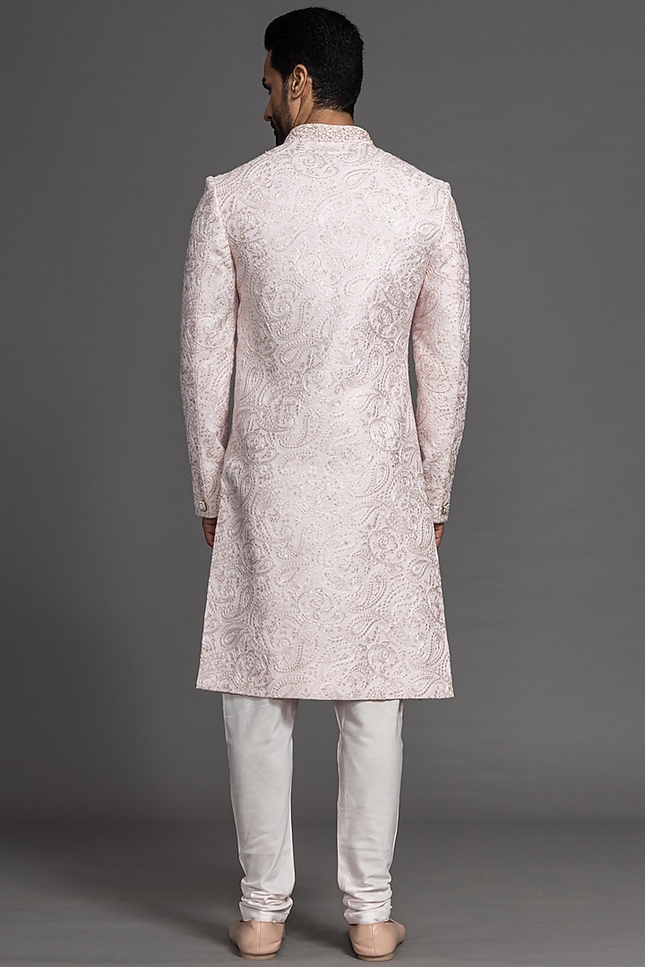 Pink Blended Raw Silk Embroidered Wedding Sherwani Set by PURUSHAM at Pernia's Pop Up Shop