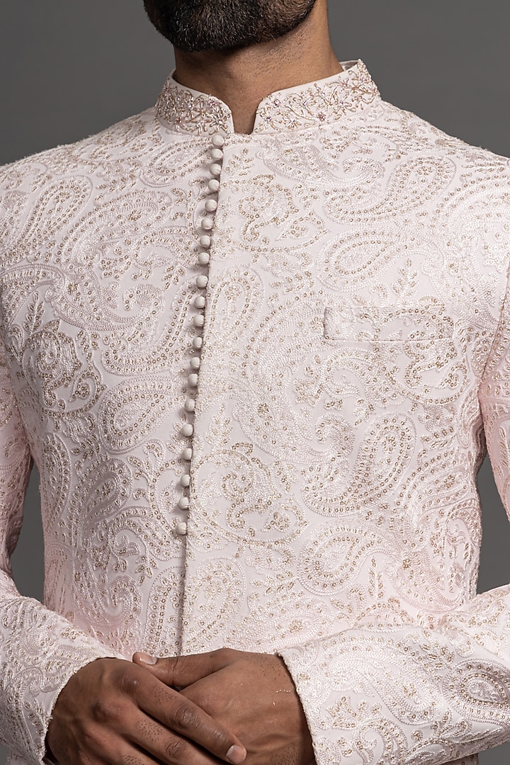 Pink Blended Raw Silk Embroidered Wedding Sherwani Set by PURUSHAM at Pernia's Pop Up Shop