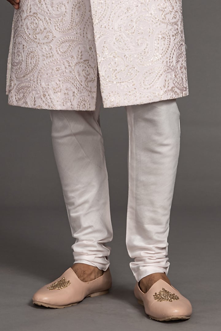 Pink Blended Raw Silk Embroidered Wedding Sherwani Set by PURUSHAM at Pernia's Pop Up Shop