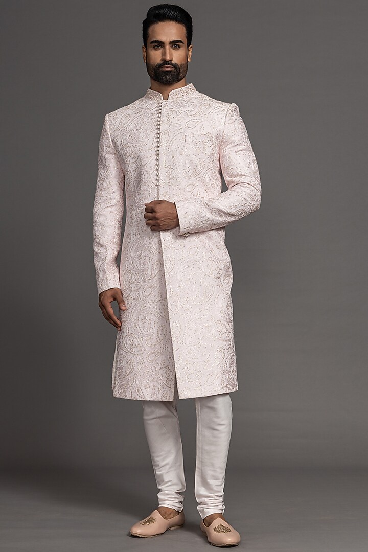 Pink Blended Raw Silk Embroidered Wedding Sherwani Set by PURUSHAM at Pernia's Pop Up Shop