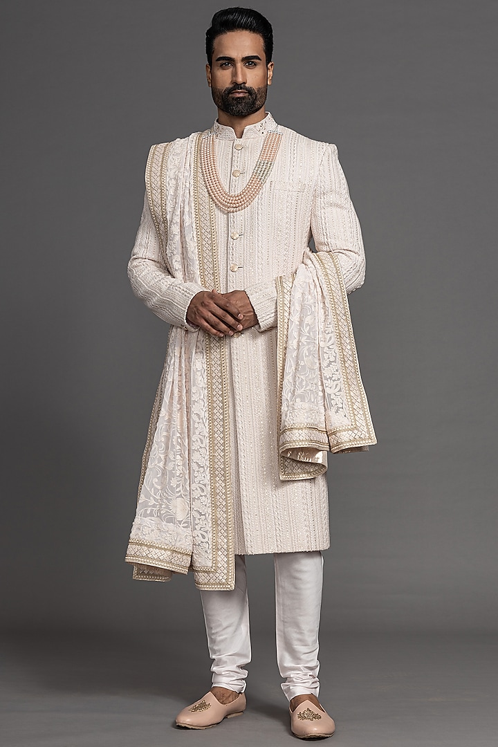 Peach Blended Raw Silk Embroidered Sherwani Set by PURUSHAM