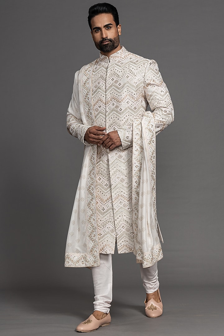 Nude Ivory Blended Raw Silk Embroidered Sherwani Set by PURUSHAM