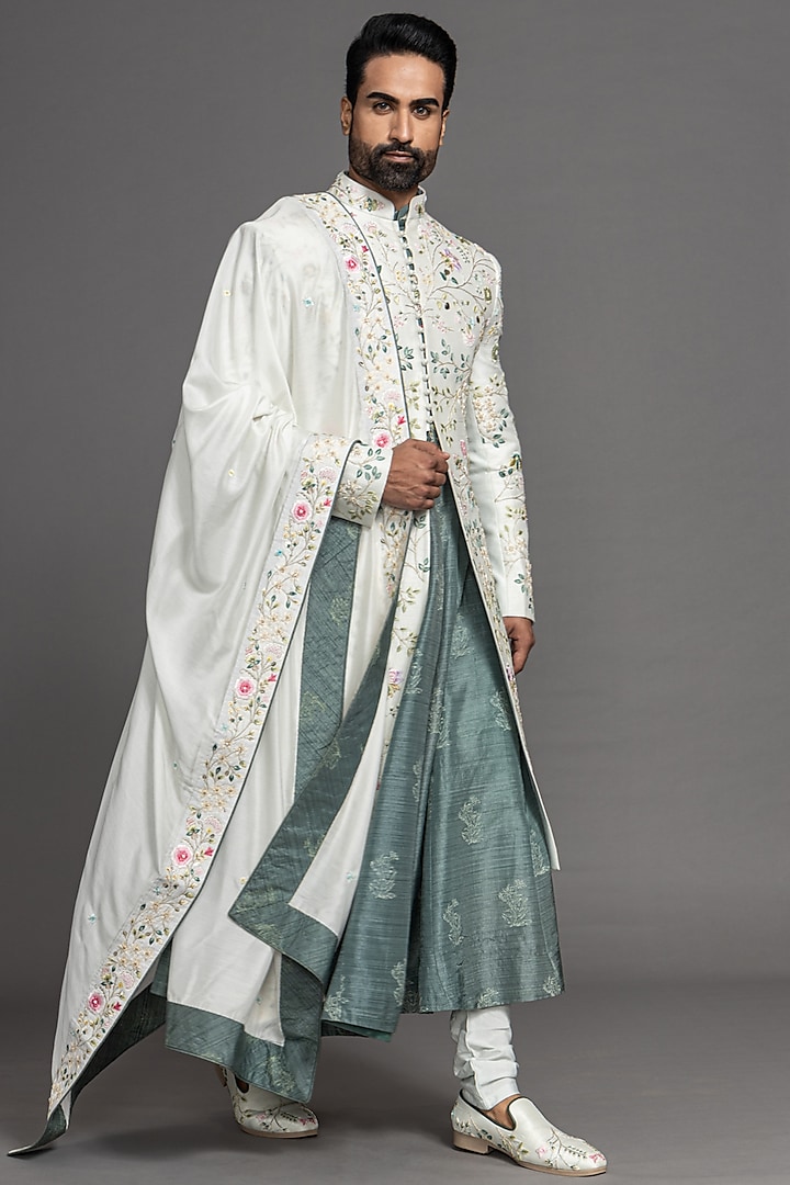 Ivory Blended Raw Silk Embroidered Sherwani Set by PURUSHAM