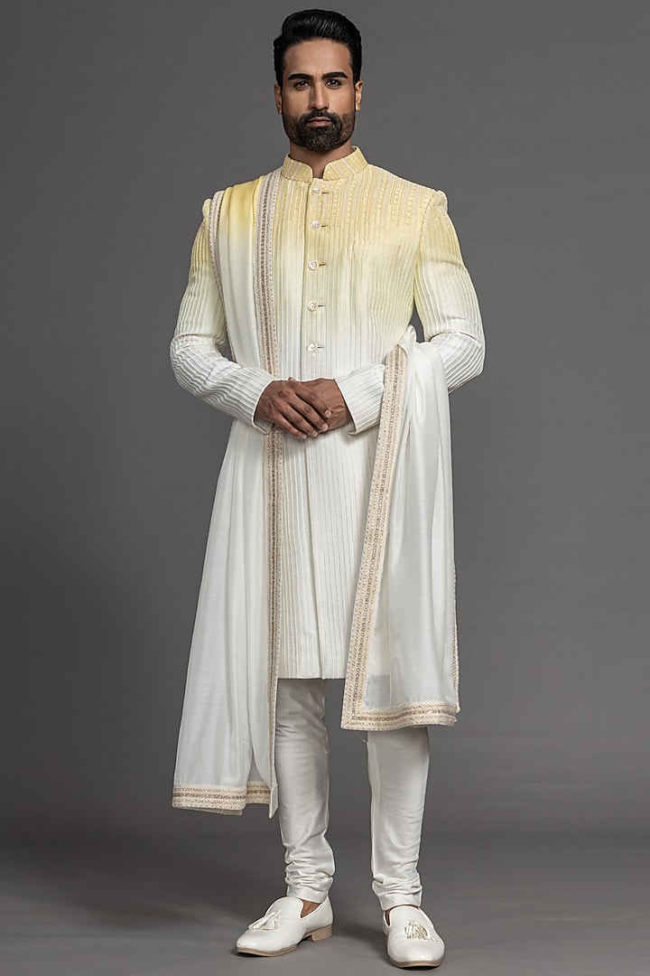 Yellow Ombre Raw Silk Embroidered Wedding Sherwani Set by PURUSHAM at Pernia's Pop Up Shop