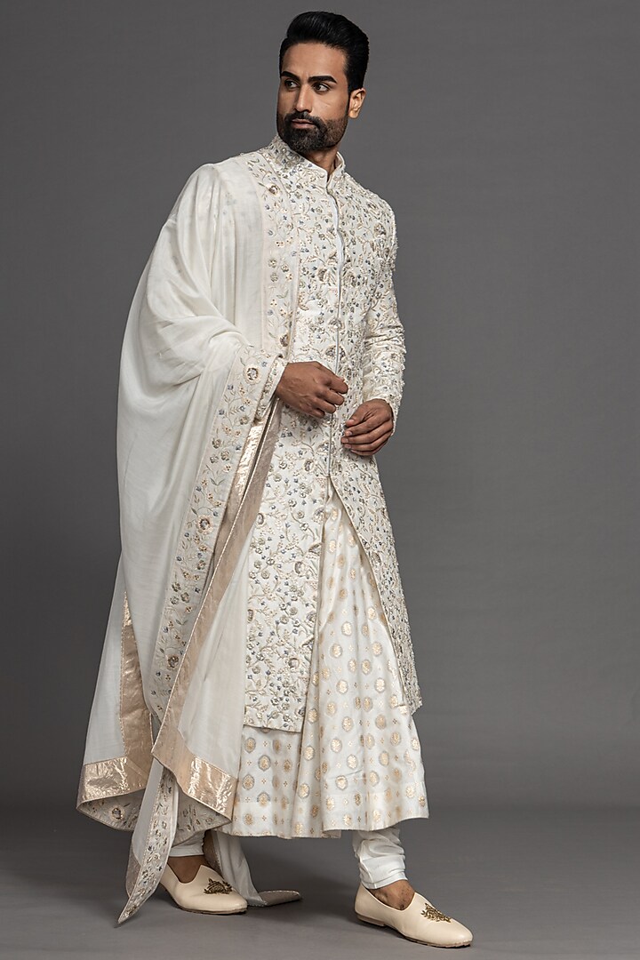 Ivory Blended Raw Silk Embroidered Sherwani Set by PURUSHAM
