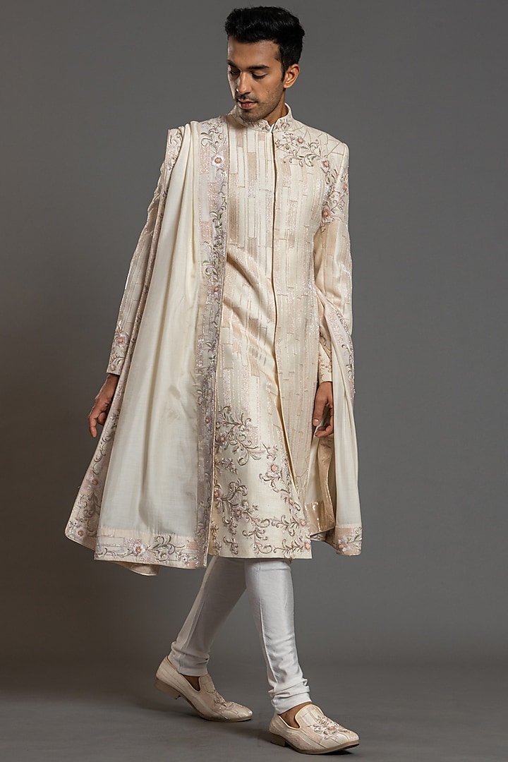 Nude Peach Blended Raw Silk Embroidered Sherwani Set by PURUSHAM