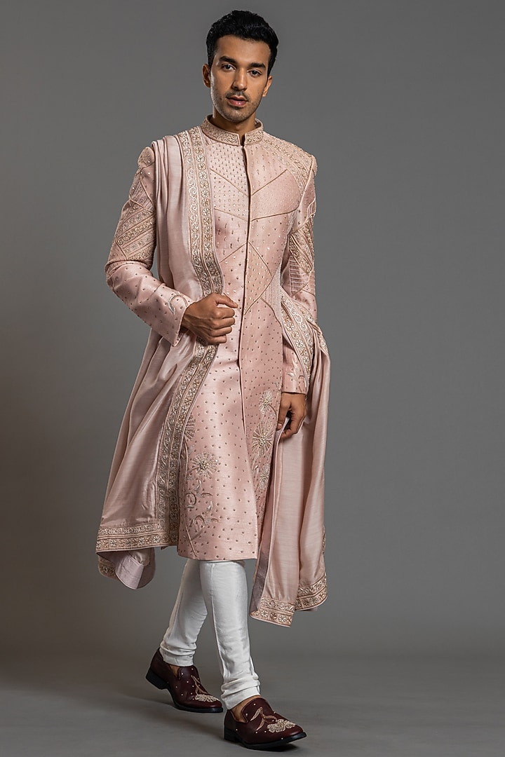 Dusty Peach Blended Raw Silk Resham Embroidered Groom Sherwani Set by PURUSHAM at Pernia's Pop Up Shop