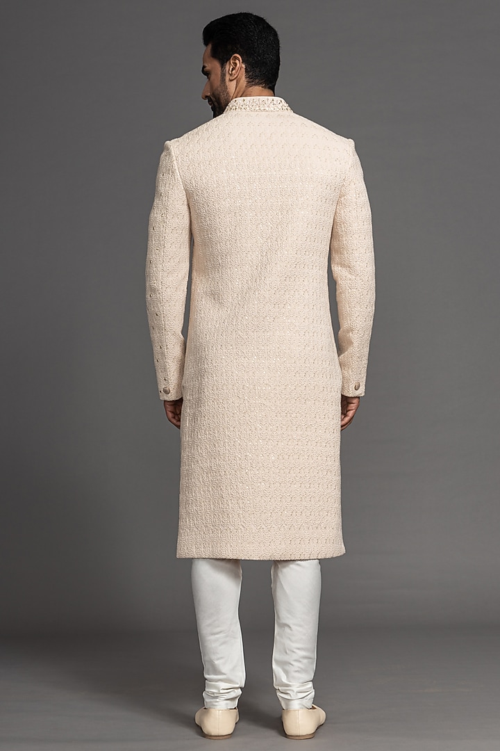 Dark Ivory Blended Raw Silk Embroidered Wedding Sherwani Set by PURUSHAM at Pernia's Pop Up Shop