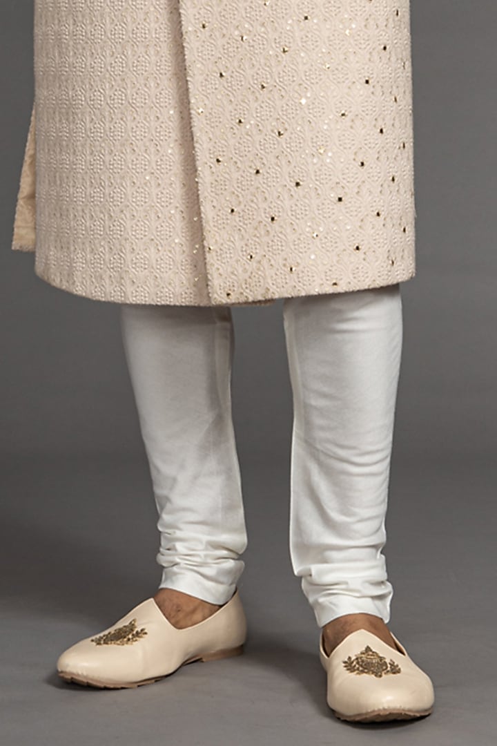 Dark Ivory Blended Raw Silk Embroidered Wedding Sherwani Set by PURUSHAM at Pernia's Pop Up Shop
