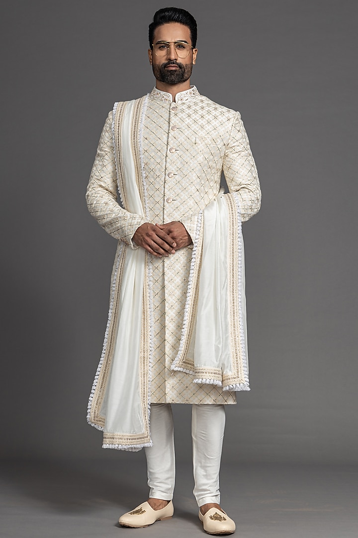 Peach Blended Raw Silk Embroidered Sherwani Set by PURUSHAM