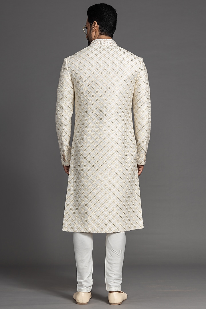 Peach Blended Raw Silk Zari Embroidered Wedding Sherwani Set by PURUSHAM at Pernia's Pop Up Shop