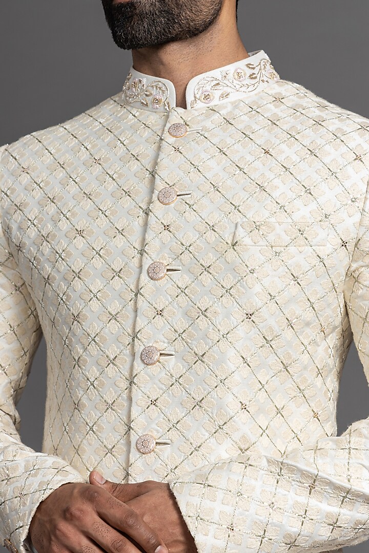 Peach Blended Raw Silk Zari Embroidered Wedding Sherwani Set by PURUSHAM at Pernia's Pop Up Shop