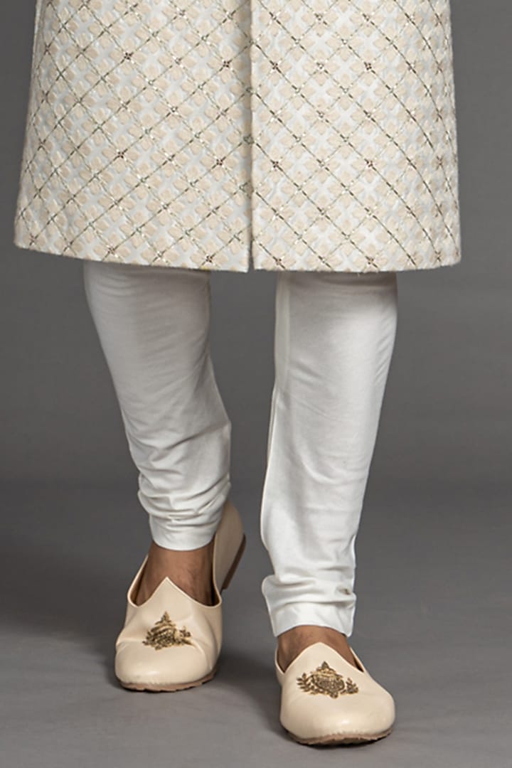 Peach Blended Raw Silk Zari Embroidered Wedding Sherwani Set by PURUSHAM at Pernia's Pop Up Shop