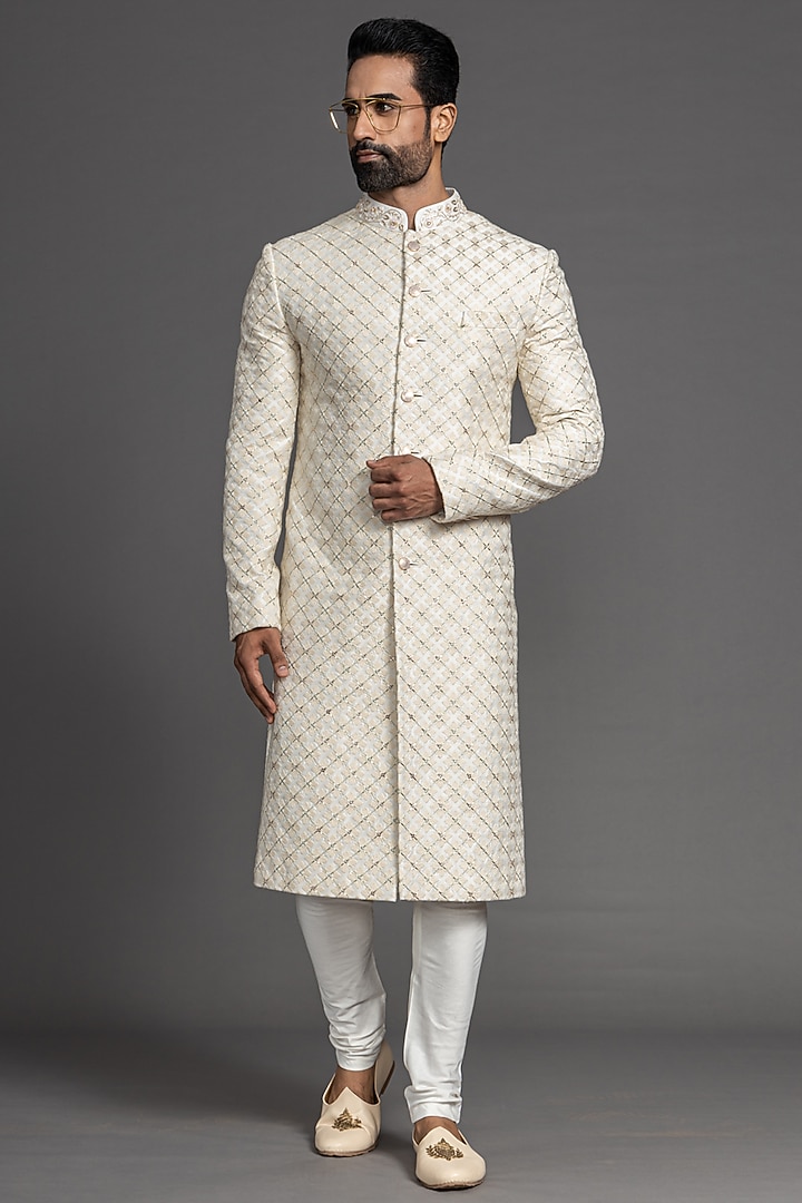 Peach Blended Raw Silk Zari Embroidered Wedding Sherwani Set by PURUSHAM at Pernia's Pop Up Shop