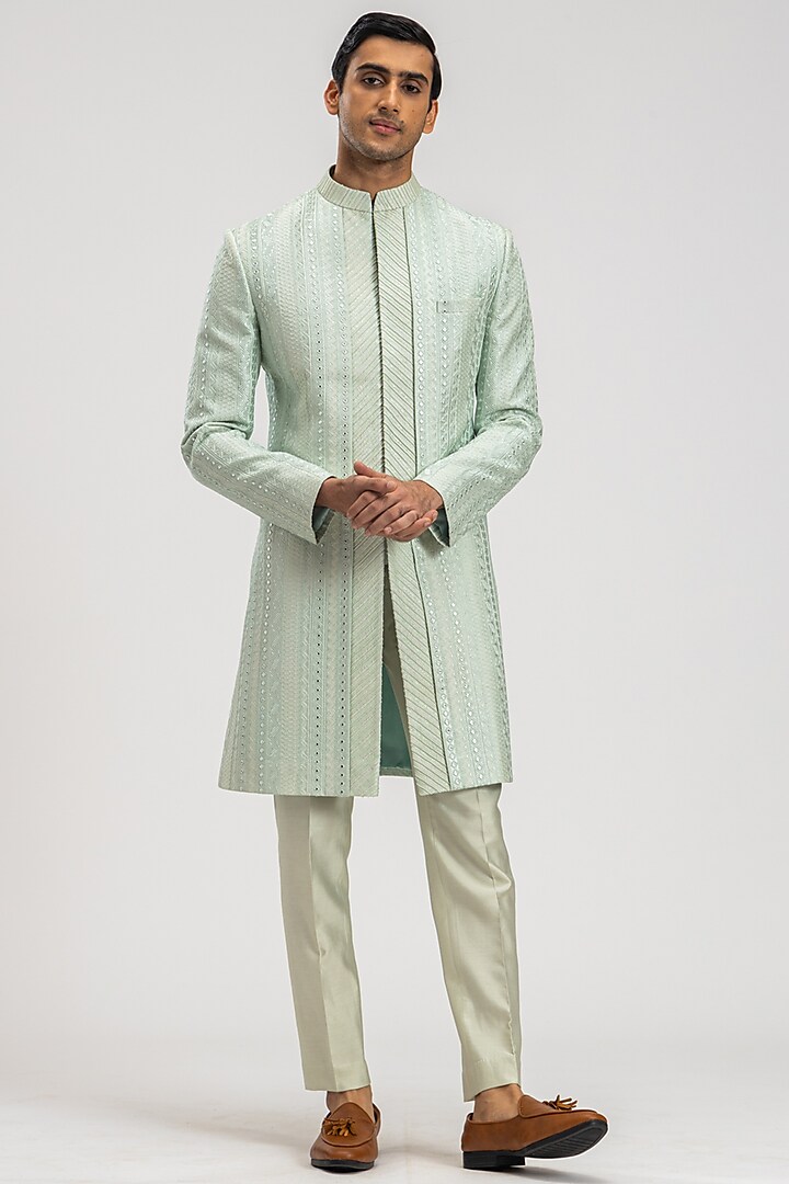 Sea Green Suiting Embroidered Indowestern Set by PURUSHAM