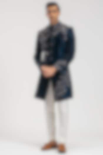 Firozi Blue Velvet Embroidered Wedding Indowestern Set by PURUSHAM at Pernia's Pop Up Shop