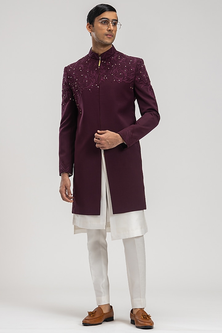 Wine Suiting Embroidered Indowestern Set by PURUSHAM