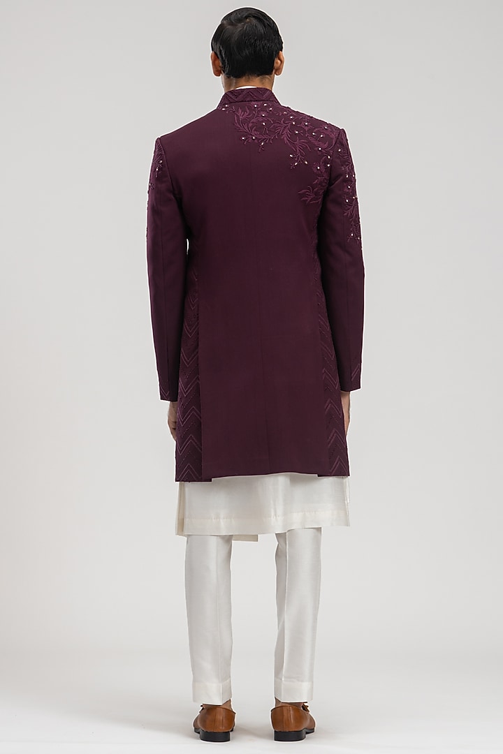 Wine Suiting Embroidered Wedding Indowestern Set by PURUSHAM at Pernia's Pop Up Shop