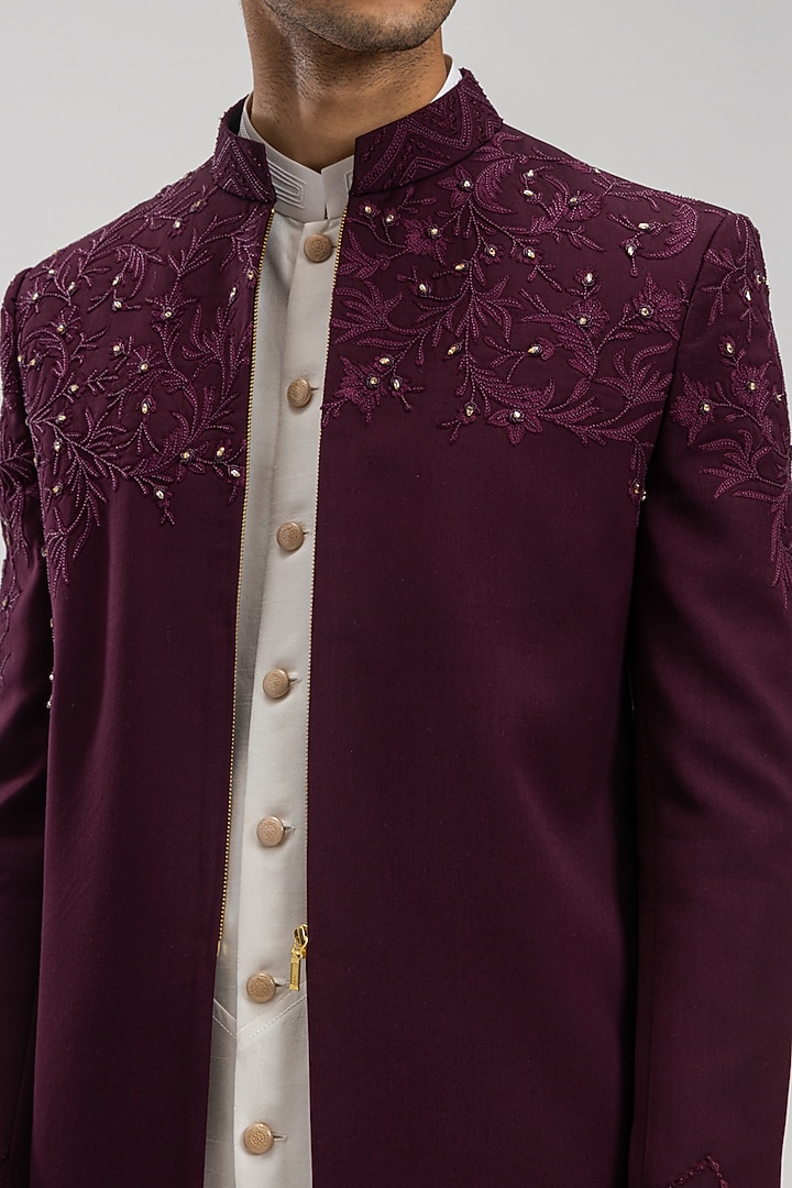Wine Suiting Embroidered Wedding Indowestern Set by PURUSHAM at Pernia's Pop Up Shop
