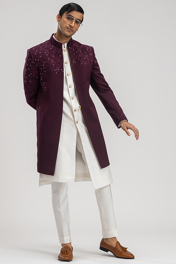 Wine Suiting Embroidered Wedding Indowestern Set by PURUSHAM at Pernia's Pop Up Shop