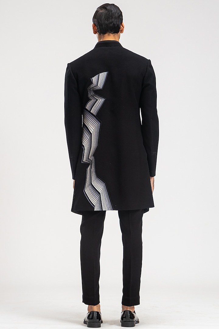 Black Japanese Suiting Hand Embroidered Wedding Indowestern Set by PURUSHAM at Pernia's Pop Up Shop
