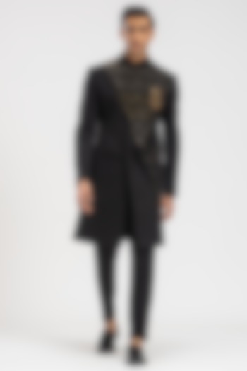 Black Jacquard Hand Embroidered Wedding Indowestern Set by PURUSHAM at Pernia's Pop Up Shop