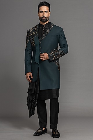 Teal Blue Suiting Hand Embroidered Indowestern Set by PURUSHAM