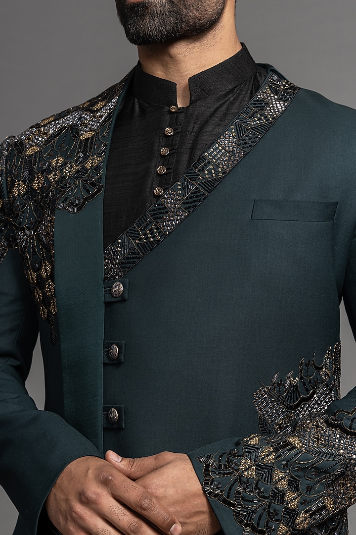 Teal Blue Suiting Hand Embroidered Wedding Indowestern Set by PURUSHAM at Pernia's Pop Up Shop