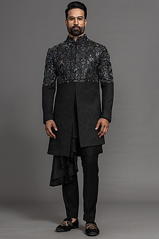 Jet Black Suiting Hand Embroidered Indowestern Set by PURUSHAM