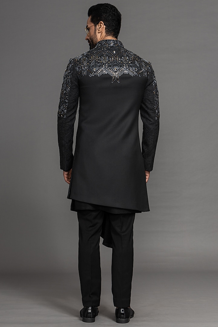 Jet Black Suiting Hand Embroidered Wedding Indowestern Set by PURUSHAM at Pernia's Pop Up Shop