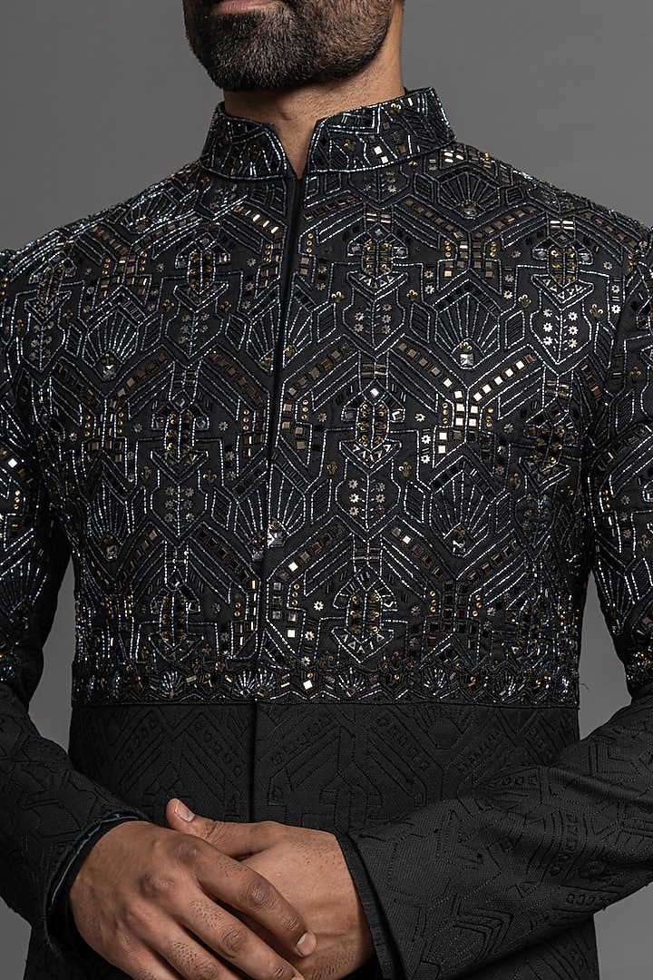 Jet Black Suiting Hand Embroidered Wedding Indowestern Set by PURUSHAM at Pernia's Pop Up Shop